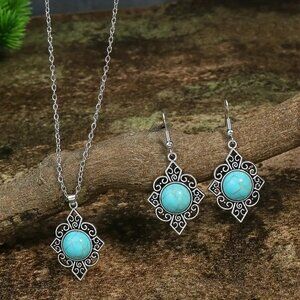 BJ Glamorous Vintage Style Floral Turquoise Gems Retro Necklace/Earring Set